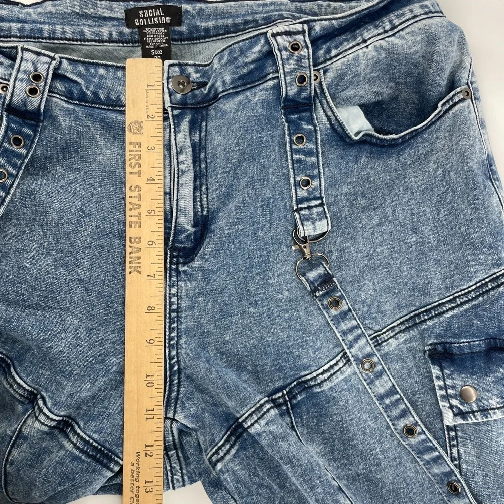 Social Collision Jeans Women Sz 20 Acid Wash Moto Suspender Flare Low‎ Rise 38